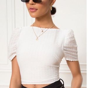 Superdown Size Small White Puff Sleeve Cropped Crepe Zippered Back Top